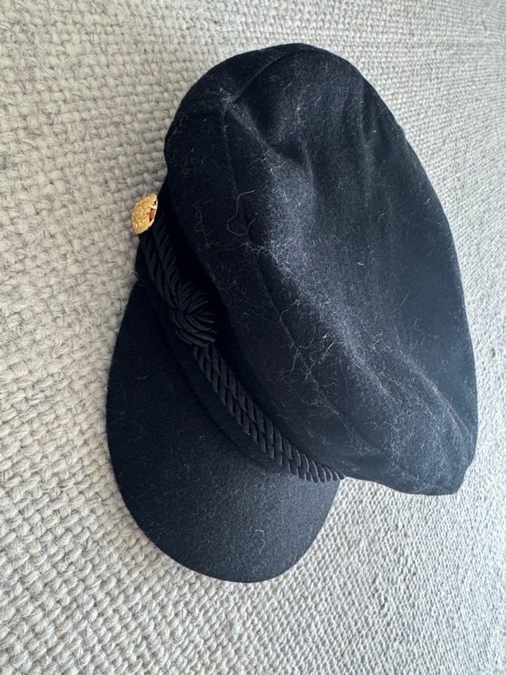 Black Wool Ralph Lauren  Cap with Gold Button Detail